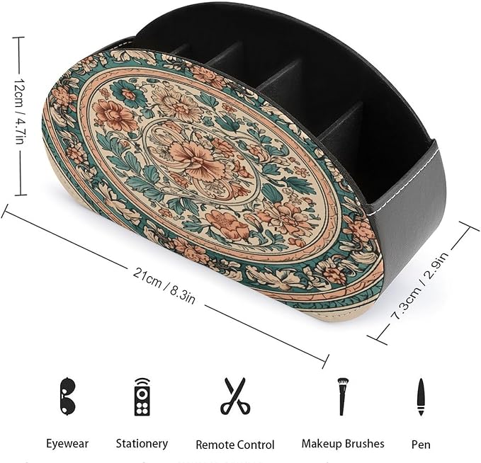 Remote Control Holder,Circular Pattern Printed PU Leather Remote Caddy Desktop Organizer with 5 Compartments for Media Accessories & Office Supplies Storage