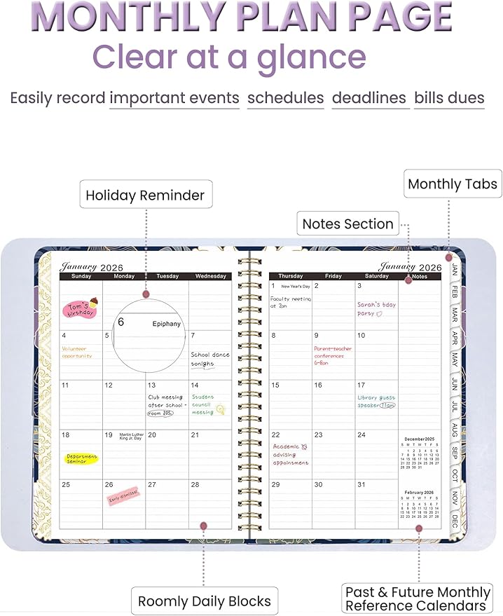 Academic Planner 2026, A5 Weekly & Monthly Calendar Planner with Tabs, PVC Bookmark, Metal Corner Protectors, Inner Pocket, 8.54 × 6.22" Hardcover School Daily Agenda Book for Teacher Student (Purple)