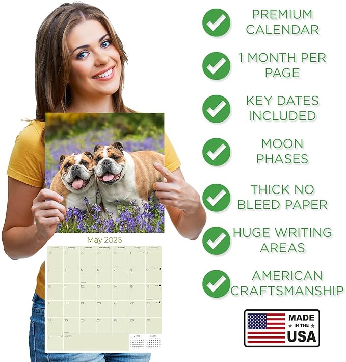Bulldog Calendar 2026 by MegaCalendars – Monthly Dog Breed Wall Calendar, Made in USA