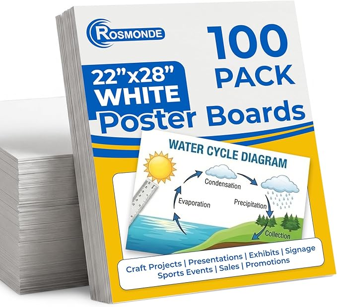 Rosmonde Poster Boards 22"x28" White, 100 Sheet Bulk Value Pack, Large Poster Boards for Science Fair Boards, Blank Bulk Boards for Vision Board Creations, Poster Board Supplies for School & Office
