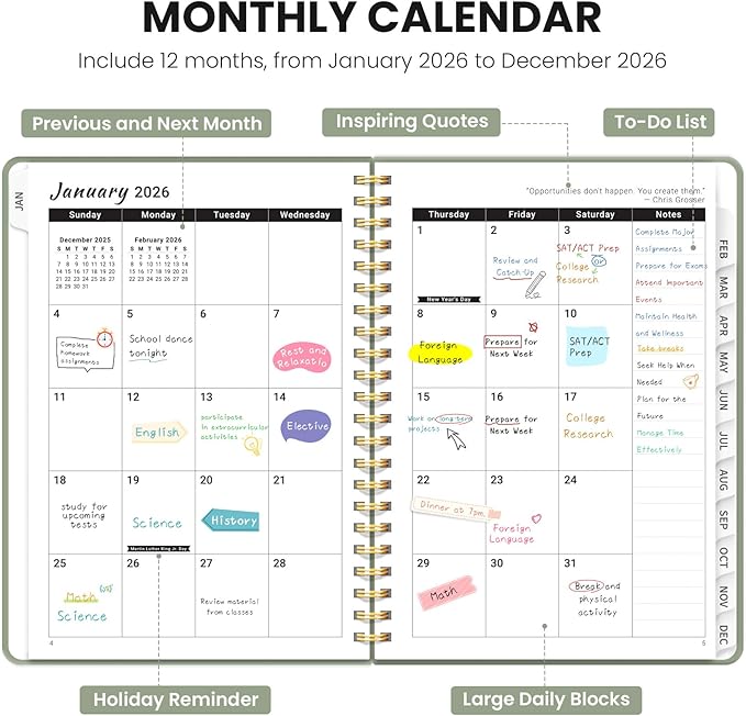 2026 Planner - Weekly and Monthly Planner, January 2026 to December 2026, Spiral Bound 2026 Calendar Planner Book, Inner Pocket, Perfect for Office Home School Supplies - A4 (8.5" x 11"), Green