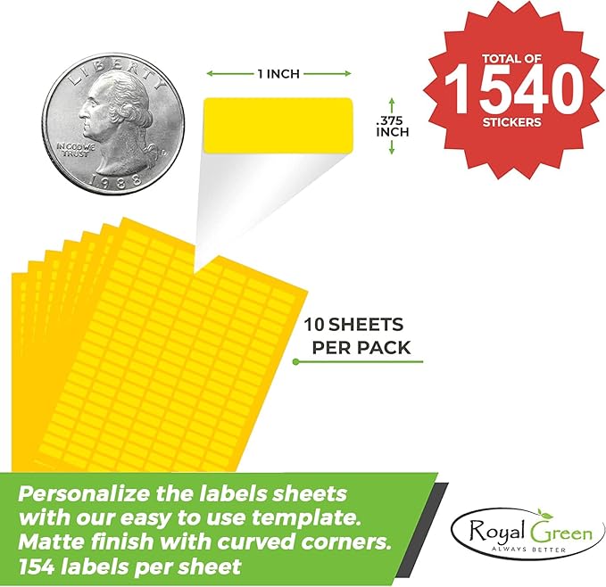 Yellow Sticker Label Sheets Bulk Printable Paper Labels 1 inch x 0.375 inch - 1540 Pack, 10 Sticker Sheets for Laser/Inkjet Printers with Template Included by Royal Green