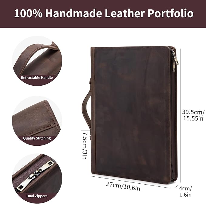 Genuine Leather 3 Ring Binder Portfolio, 8.5 x 14 Legal Size Pad Holder, Hidden Handle, Zippered Padfolio with 15” Laptop Organizer, Professional Business Folio for Men Women, Dark Khaki