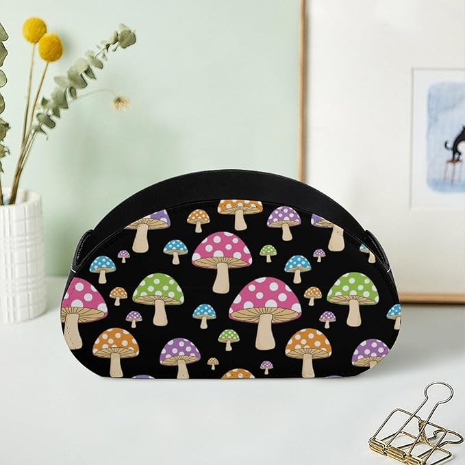 PU Leather Remote Control Caddy, 5-Slot Organizer for Bedside Table, Office Desk, and Living Room with Media Storage, Colorful Neon Mushroom