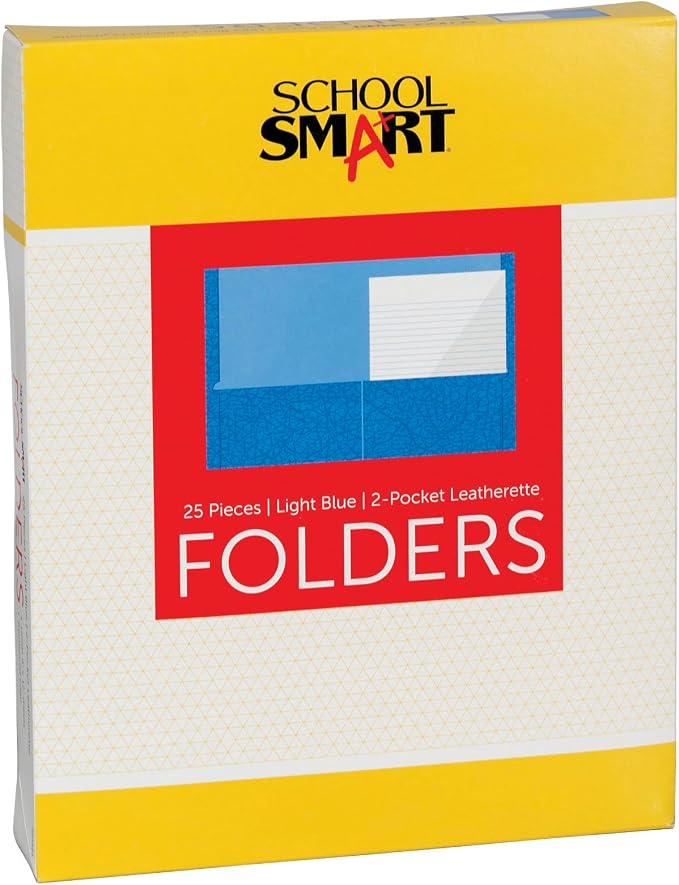 School Smart Extra-Large Folders with Pockets, 9 x 12 Inches, Light Blue, Pack of 25