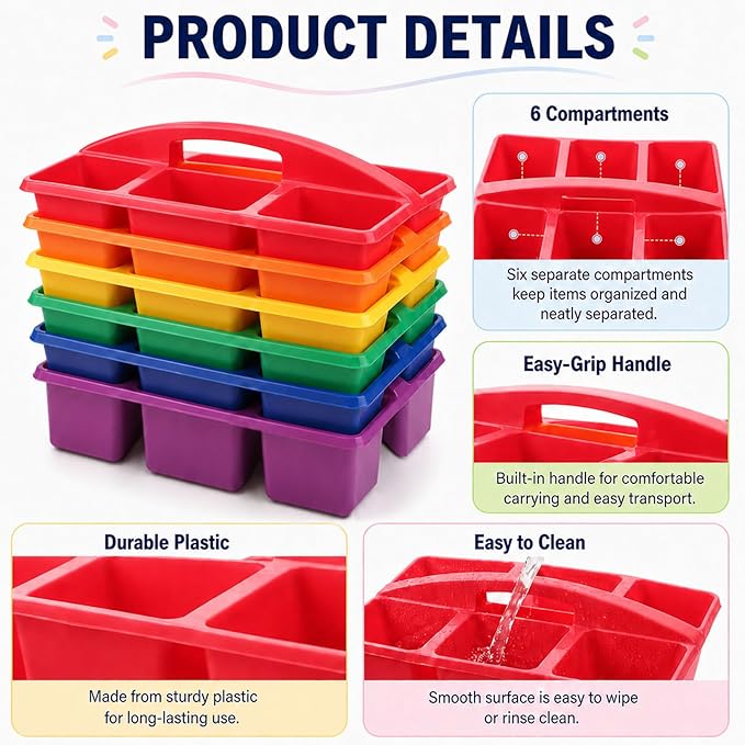 gisgfim 6 Pack Plastic Classroom Caddy with 6-Compartments Plastic Storage Caddies with Handle 6 Compartments Table Caddy Organizer Versatile Table Caddies for Classroom Office Storage, Rainbow Color