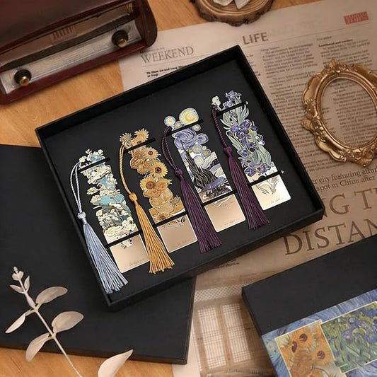4 Pcs Metal Bookmarks with Tassel, Sliver Hollow Bookmark Van Gogh Oil Painting Theme Bookmark Art Bookmarks for Book Lovers Writers Readers Children Teens Men Women Adults (Van Gogh Gift Box)