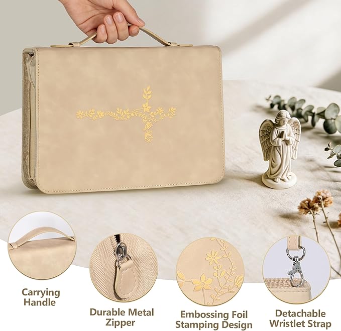 LISWIT Mother's Day Gift Bible Cover for Women, Large Bible Case - Durable PU Leather Carrying Bag Sleeve, Christian Gifts for Women, Girls, Teens (Beige/Gold)