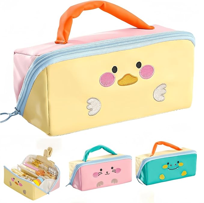 Cute Kawaii Pencil Case Pouch with Handle Cartoon Animal Large Capacity Pen Box Holder Organizer for Office Workspace Supplies Desk Accessories Travel Essentials Trendy Gift (Yellow Duck)