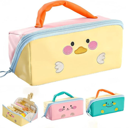 Cute Kawaii Pencil Case Pouch with Handle Cartoon Animal Large Capacity Pen Box Holder Organizer for Office Workspace Supplies Desk Accessories Travel Essentials Trendy Gift (Yellow Duck)