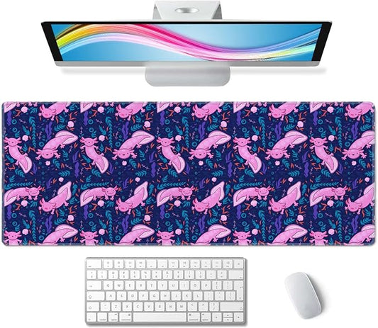 Axolotl Large Gaming Desk Mat - 31.5x11.8 inches Extended XL Big Cute Mouse Pad Waterproof with Non-Slip Base and Stitched Edges for Computer Keyboard