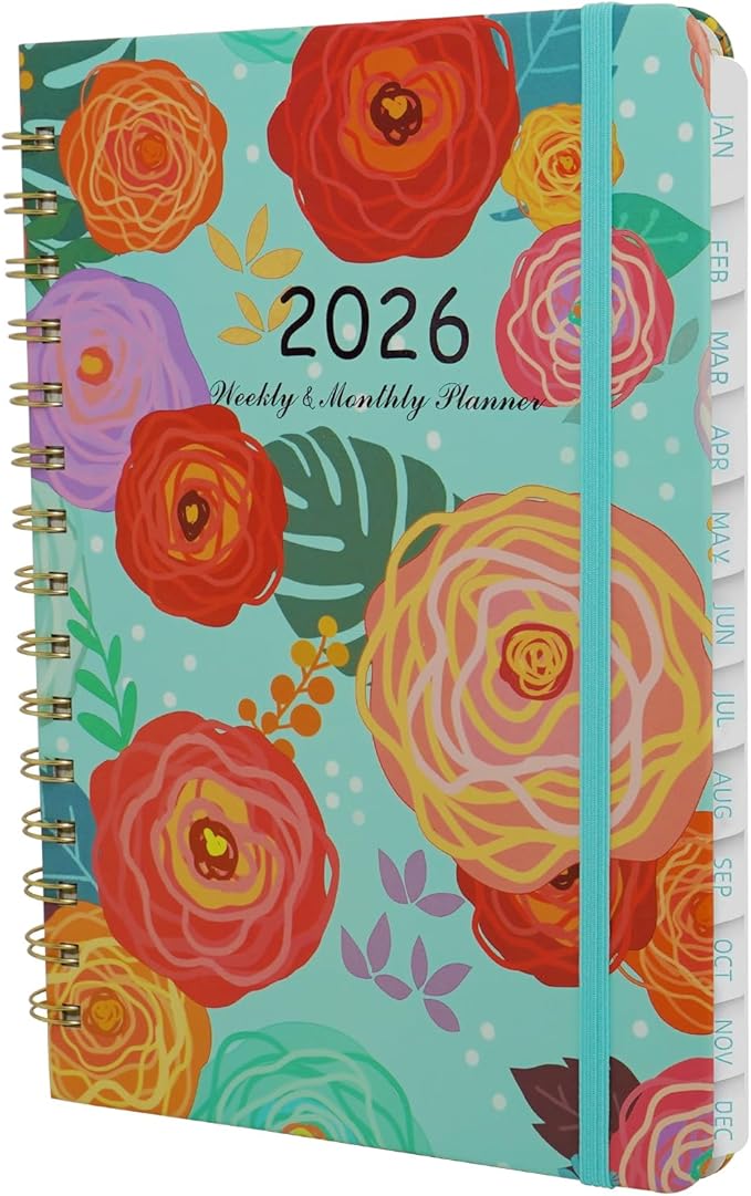2026 Planner, Weekly and Monthly Calendar Planner for Women, Jan 2026 - Dec 2026, Hardcover Planning Agenda book with Tabs, Spiral Bound, Inner Pocket, Perfect for School Office Supplies, 8.4" x 6.3" (Green)