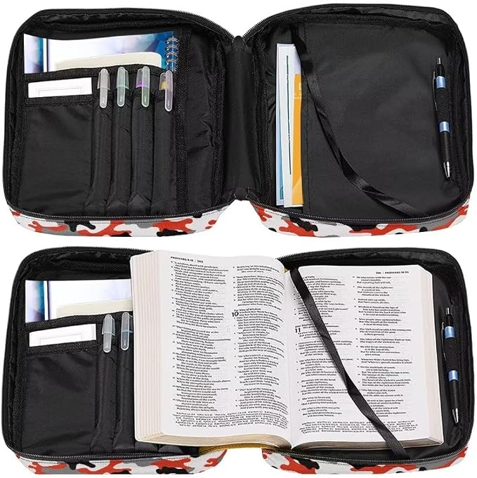 Coldinair Red Camo Bible Cover for Men Kids,Carrying Book Case Church Bag Scripture Bag Bible Tote Bag with Zippered Pocket and Handle