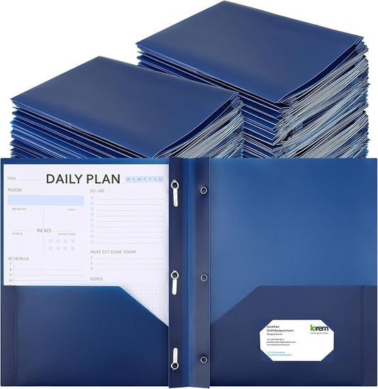 Cholemy 72 Packs Pocket Folders with Prongs Heavy Duty Plastic Folder with Business Card Slot 3 Prong Fasteners for School Office (Navy Blue)