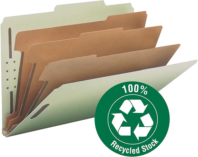Smead 100% Recycled Pressboard Classification File Folder, 3 Dividers, 3" Expansion, Legal Size, Gray/Green, 10 per Box (19093)