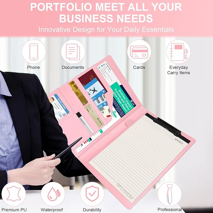 Clipboard Padfolio with Storage Pocket,Clipboard Folder Portfolio Organizer,360 Degree Foldable Clipboards,Faux Leather Padfolio Organizer (Pink, A4 Size Folder Without Elastic Band)