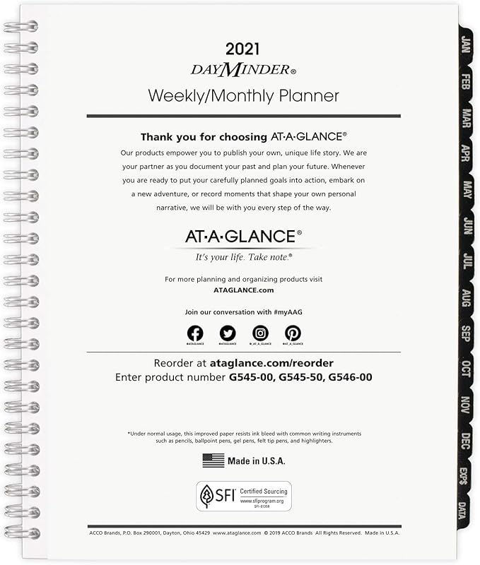 2021 Weekly & Monthly Planner Refill for G545 Line Planners by AT-A-GLANCE, 7" x 8-3/4", Executive, DayMinder (G5455021)