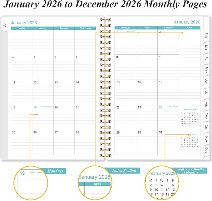 2026 Planner - A5 Weekly & Monthly Planner Spiral Bound, January 2026 - December 2026, with Flexible Cover, Tabs, Inner Pocket, 6.4" x 8.5", Rose Leaf