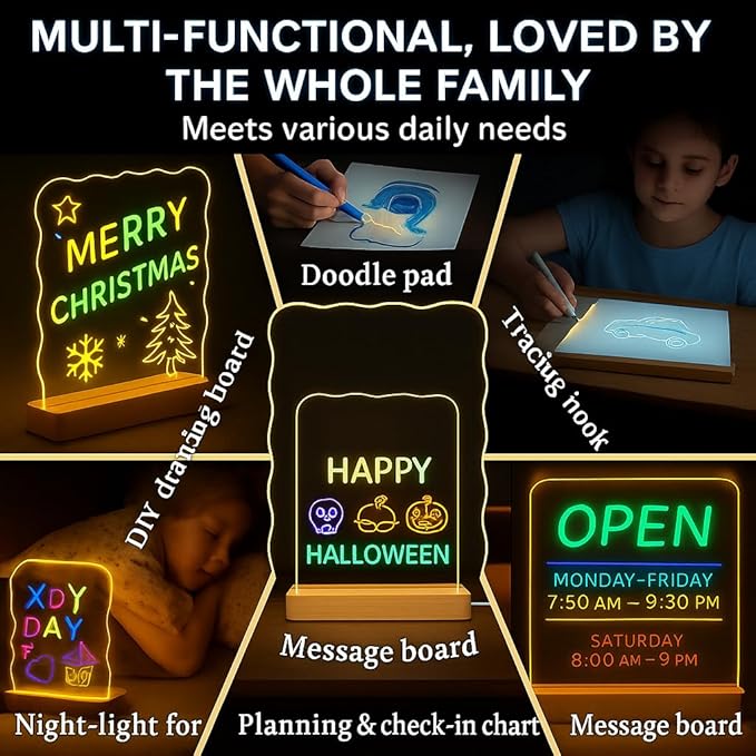 16 Inch LED Glow Drawing Board,Rechargeable Light-Up Message Board with Detachable Acrylic Panel Wood Base Dimmable Night Light Sketch Pad