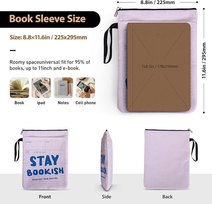 Stay Bookish Read Past Your Bedtime Book Sleeve for Women Book Lovers, Funny Book Cover Protector Gifts for Paperbacks with Handle & Pocket for Friends Librarian Bookish, Book Club Gifts