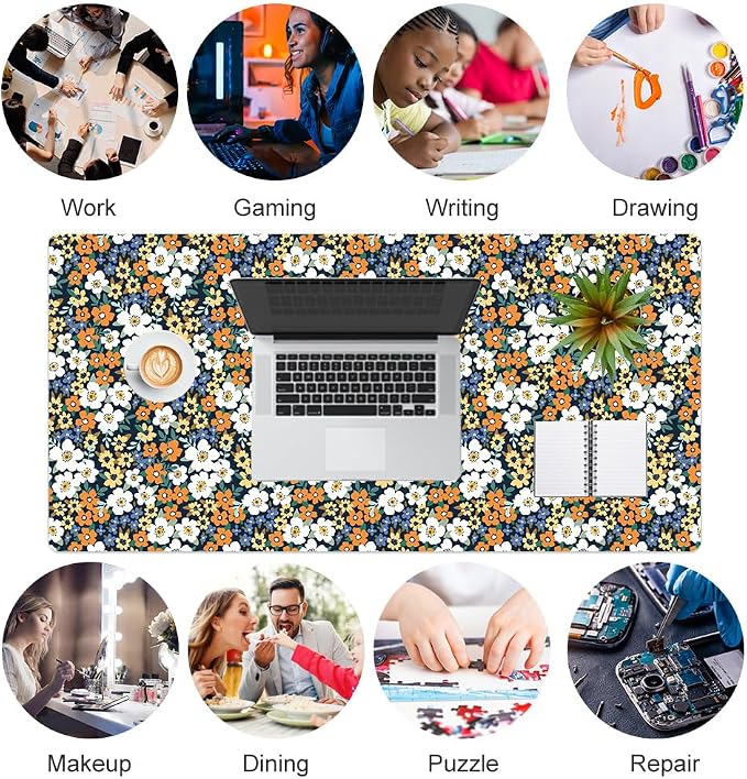 Colorful Star Large Mouse Pad, Floral Desk Mat Office Supplies, Waterproof Faux Leather Big Gaming Mousepad for Women Girls, Ditsy Wild Flowers Desk Pad Home Office Décor Accessories 31.5" x 15.7"