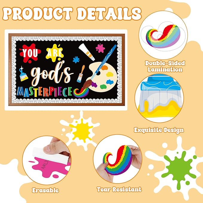 Art Paint Religious Bulletin Board Set You Are God's Masterpiece Christian Jesus Classroom Decorations Colorful Paint Splatter Wall Decor Motivational Cutouts for Sunday School Back to School Decor