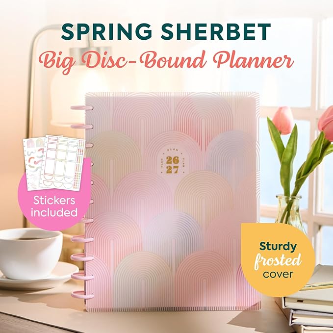 Happy Planner Disc-Bound Planner July 2026–June 2027, Includes 3 Extra Months and 2 Sticker Sheets, Big Size, 8.5" x 11", Dashboard Layout, Spring Sherbet