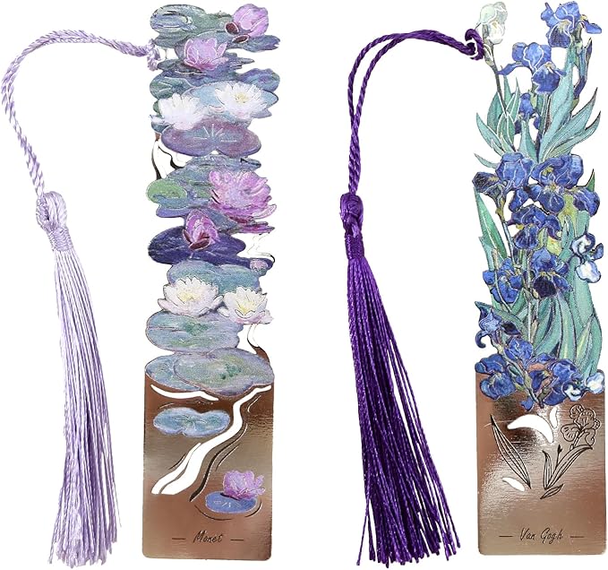 2 Metal Bookmarks with Tassel, Oil Painting Water Lilies and Irises
