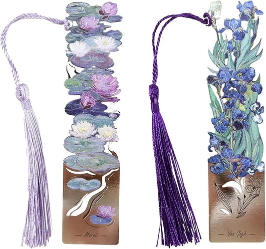 2 Metal Bookmarks with Tassel, Oil Painting Water Lilies and Irises