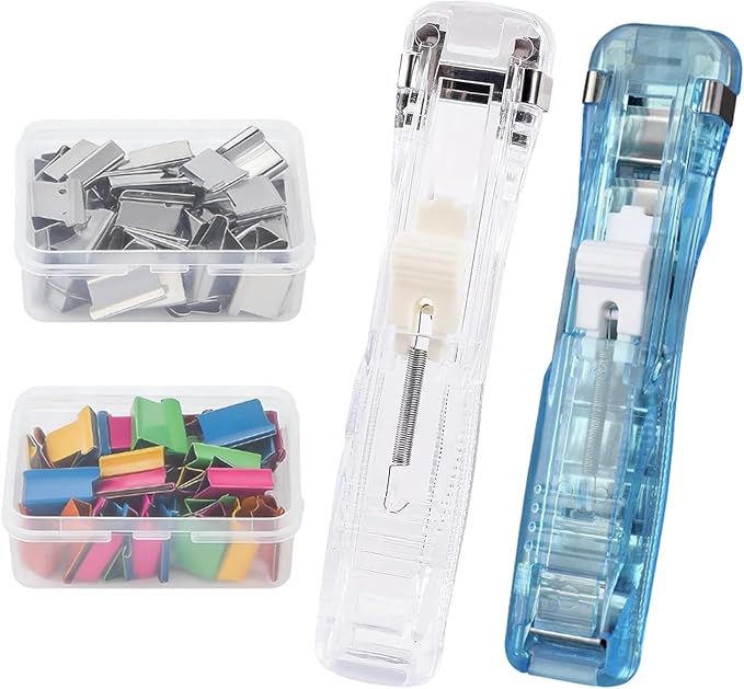 Portable Binder Clip Stapler - Includes 100 Reusable Clips, Compact No-Hole Binding Refillable Handheld Design, Portable Binder Clip Stapler for Office School Home Document Organization (2Pcs-c)