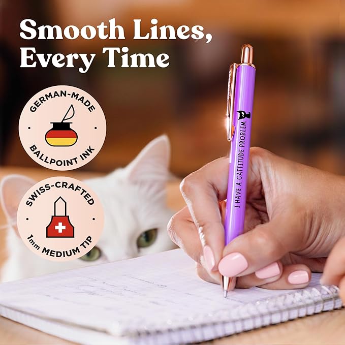 MESMOS 3pk Cute Cat Pens, Sassy and Funny Cat Lover Gifts for Women, Aesthetic Ballpoint Pens Beautifully Packaged, German-made Ink and Swiss-made Ink