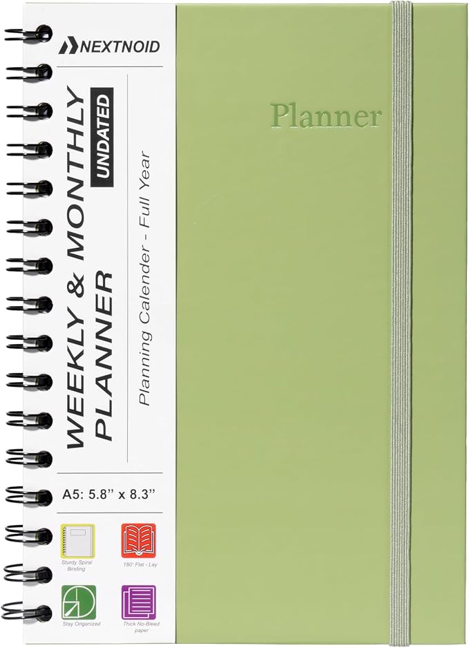 Undated Monthly and Weekly Planner - 12 Month Calendar Planner Notebook with Week Days - Hardcover Undated Planners Blank Agenda Book - A5 Green