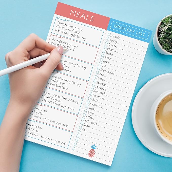 Sweetzer & Orange Meal Planner Magnetic Pad | 7x10 inch Notepad for Organized Weekly & Daily Planning | Tear-Off Grocery List Checklist for Convenient Shopping | Notepads for Refrigerator Door