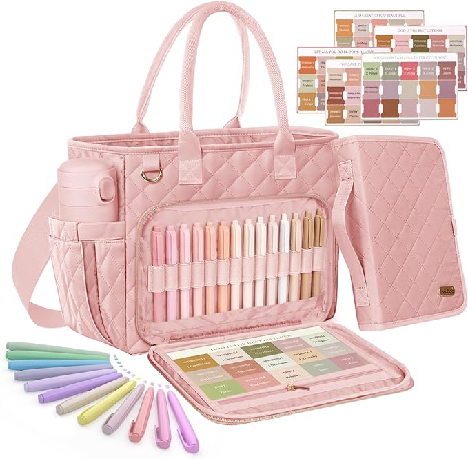 BellaHold Large Bible Bag with Bible Cover Case for Women, Church Bag with Bible Study Supplies & Shoulder Strap, Quilted Bible Tote Bag, Christian Gift for Women,Blush Pink