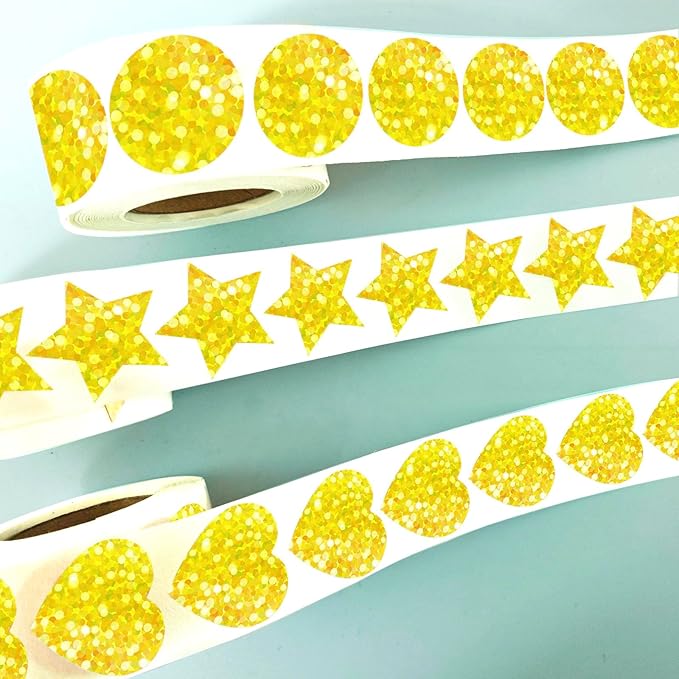 1500 Pcs Glitter Self Adhesive Foil Stickers for Kids Reward,Gold Star Stickers Heart Stickers Round Stickers for Kid Teacher Envelope Valentine Wedding Birthday Party Christmas Decoration(1inch)
