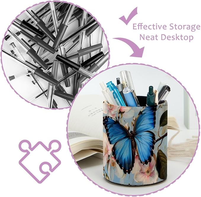 Desk Organizer Pen Holder for Desk, Blue Butterfly on Blossom Pencil Holder, Large Capacity Pen Cup Makeup Brush Holders Desktop Office Supplies Storage Organizer