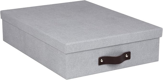 Bigso Oskar Canvas Fiberboard Document Letter Box - File Organizer Box for Important Paperwork - Document Storage with a Lid & Leather Handle - 3.3 in x 10.2 in x 13.8 in - Ash