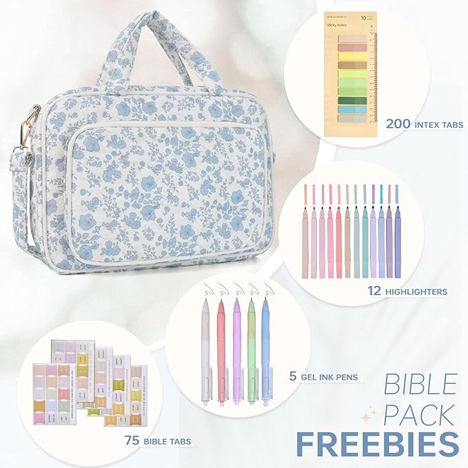 Bible Cover Case for Women Bible Study Supplies Church Camp Essentials Christian Gifts for Women Journaling Kit Quilted Large Bible Book Sleeve (Blue Flower, Large)