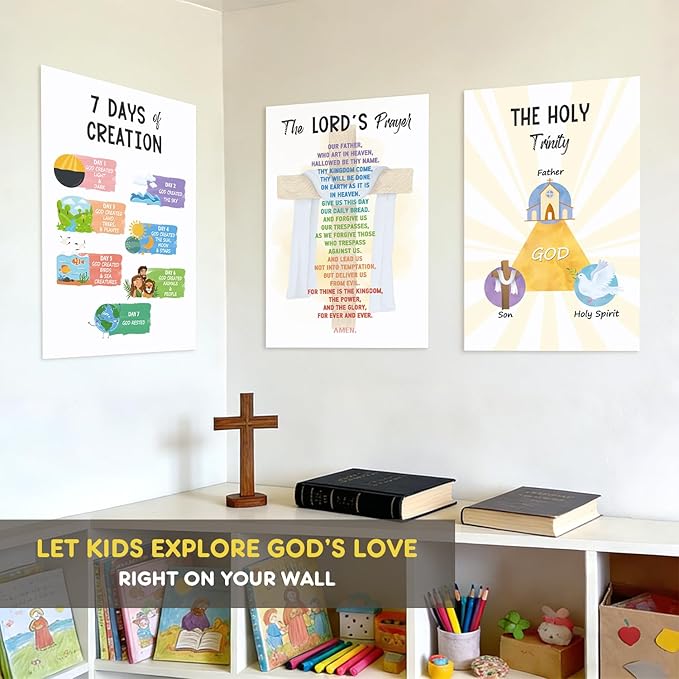 12 PCS Kids Bible Education Posters Set (11x17") - Biblical Learning Charts for Sunday School Classroom Christian Religious Home Wall Decor, Books of the Bible, 10 Commandments & More