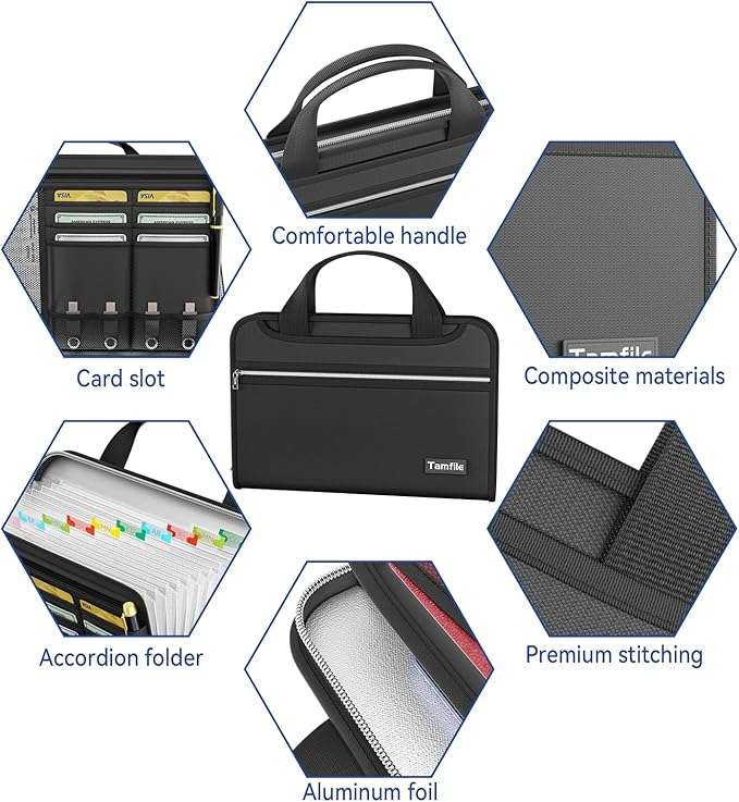 Tamfile Accordion File Organizer, Enhanced Fireproof Important Document Organizer with 13 Transparent Pockets, Portable Home Travel Safe Storage Expanding File Folder for A4 File,Letter,Paper,Black