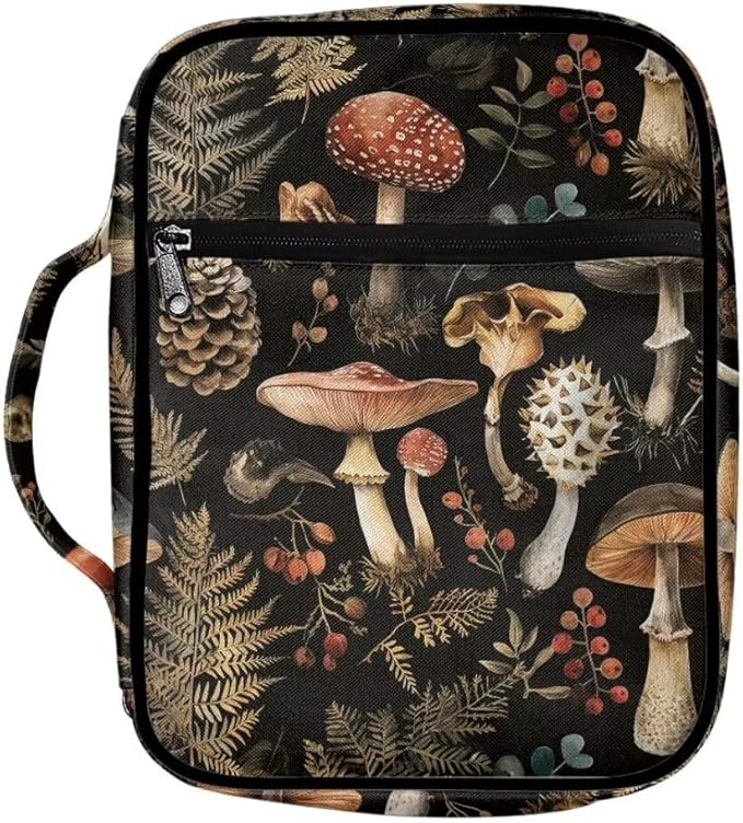 Coldinair Vintage Mushroom Bible Covers Bag for Men Women,Carrying Book Case Church Bag Bible Holder with Handle and Zippered Pocket