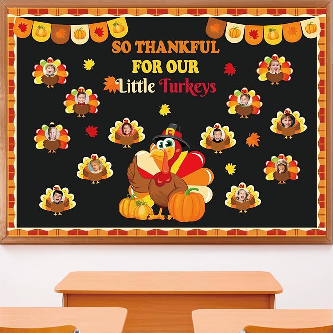 Thanksgiving Fall Bulletin Board Decorations – DIY Turkey Photo Crafts with Pumpkin “So Thankful for Our” Paper Cutouts Set for School, Classroom, Autumn Wall Door