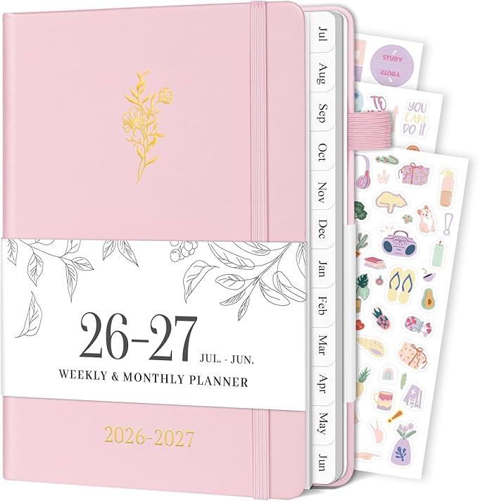 Planner 2026-2027, Weekly and Monthly Planner with Tabs from Jul 2026 - Jun 2027, A5 Hardcover Academic Calendar with Date for School & Office Schedule, 5.8" x 8.3", Pink