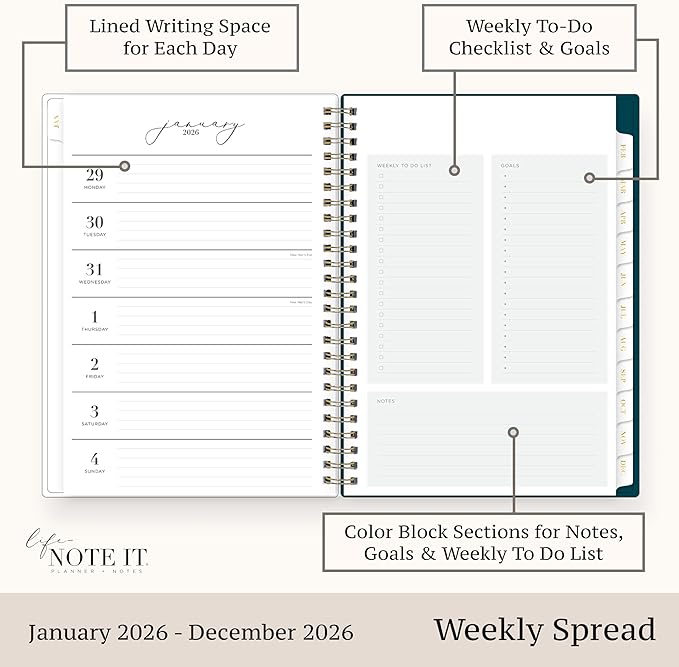 Blue Sky Life Note It 2026 Weekly and Monthly Planner Notes, January 2026 - December 2026, 5.875" x 8.625", Clear Pocket Cover, Durable Twin Wire Binding, Storage Pocket, 50 Perforated Notes Sheets, Dania Dark