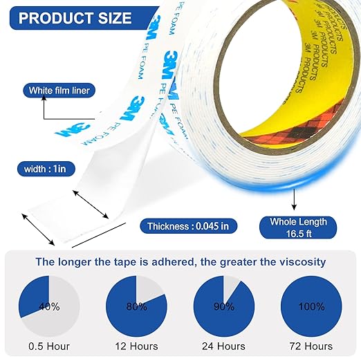 3M Double Sided Tape 2"×16.5ft No Residue,Picture Hanging Strips Heavy Duty Mounting Tape, Removable PE Foam Tape Waterproof for Poster Tape, Carpet Tape Rug Gripper,Art & Craft Tape