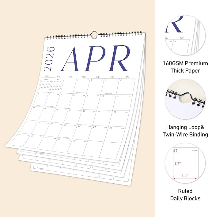 Aesthetic Wall Calendar 2026, 18 Monthly Vertical Calendar January 2026 to June 2027, 14.5" x 10.5" Modern Wall Hanging Calendar for School, Home, Office for Monthly Organizing & Planning