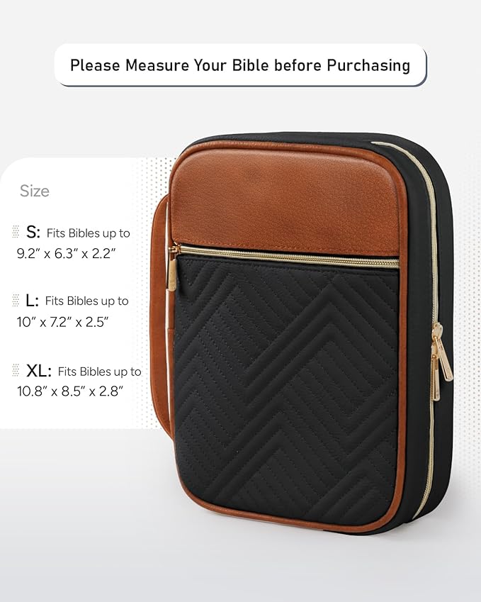 BellaHold Quilted Vegan Leather Bible Cover, Color-Blocked Bible Cover Case for Women, Large Bible Carrying Case with Handle, Bible Study Supplies & Christian Gift for Women (Black & Brown, M/L)