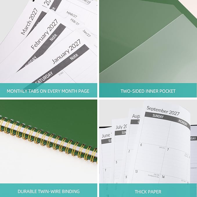 2027-2031 Monthly Planner 5 Year Monthly Planner/Calendar 2027-2031, Jan 2027 – Dec 2031, 9" x 11", Tabs, Double-Side Pocket, Holidays, Thick Paper - Dark Green