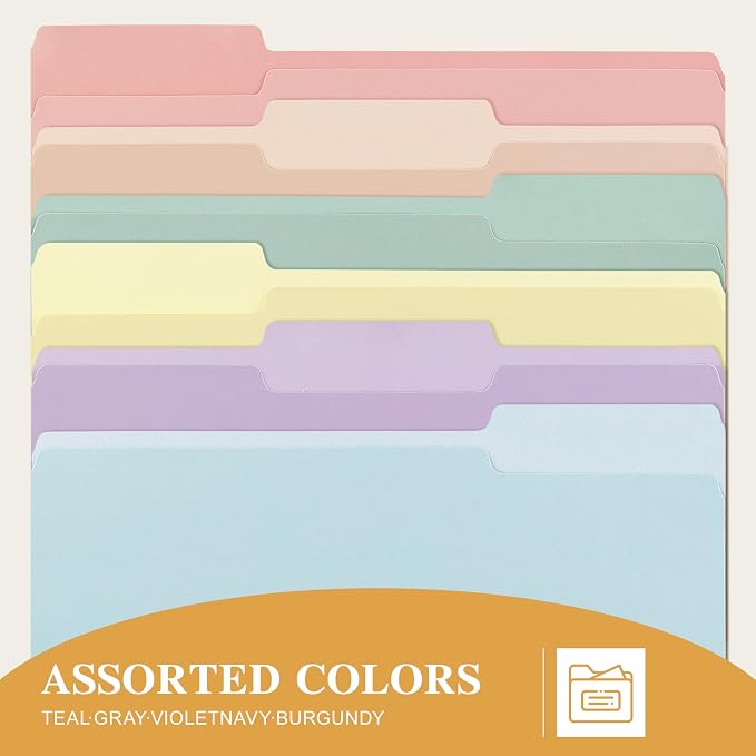 Color File Folders, 1/3-Cut Tabs, 18 Pack File Folder Letter Size, 8.5x11 Inch Manilla folders, 6 Pastel Colors Organizer File Folders for School Home Office Business