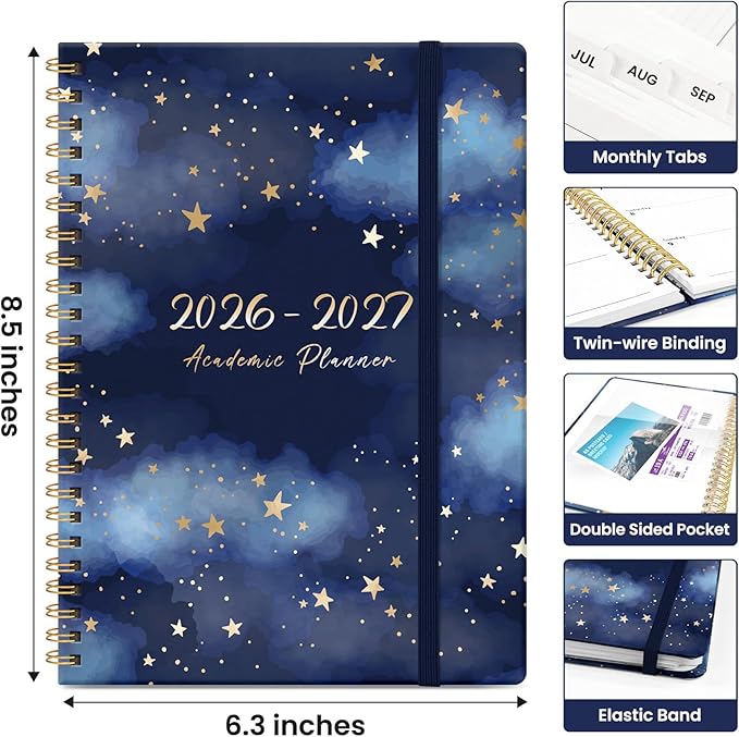 Planner 2026-2027, Academic Year Monthly and Weekly Calendar Planner, Jul 2026 - Jun 2027, Hardcover Teacher Student Planning Agenda book with Tabs, Perfect for School Office Supplies, 6.3" x 8.5" - Starry Night